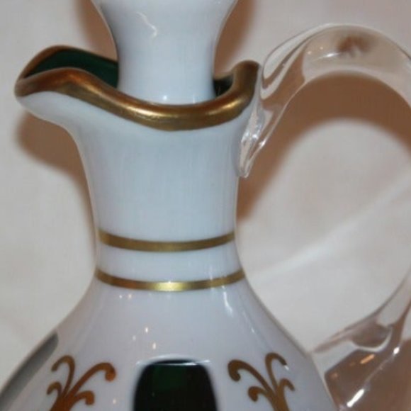 Czech Bohemian Cased Glass Green to White Cruet & Stopper - Picture 4 of 5